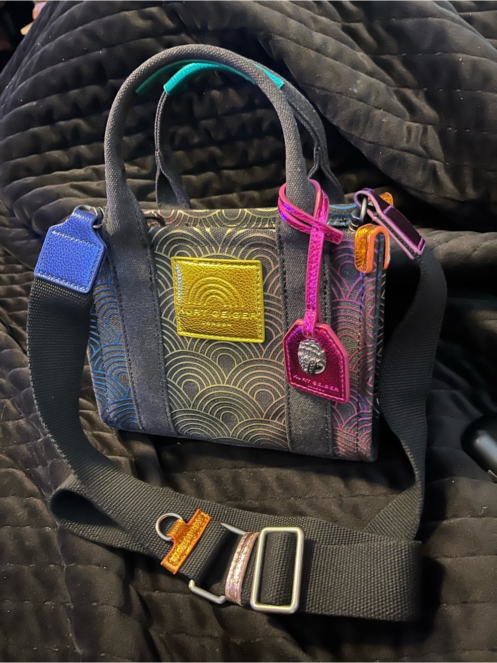 Kurt Keiger Mini Tote with Rainbow Accent Hardware - Blue, Yellow, Pink, Orange